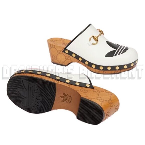 GUCCI x Adidas 38.5EU - 8.5US white Leather Trefoil logo GG platform Clogs shoes - Picture 9 of 14